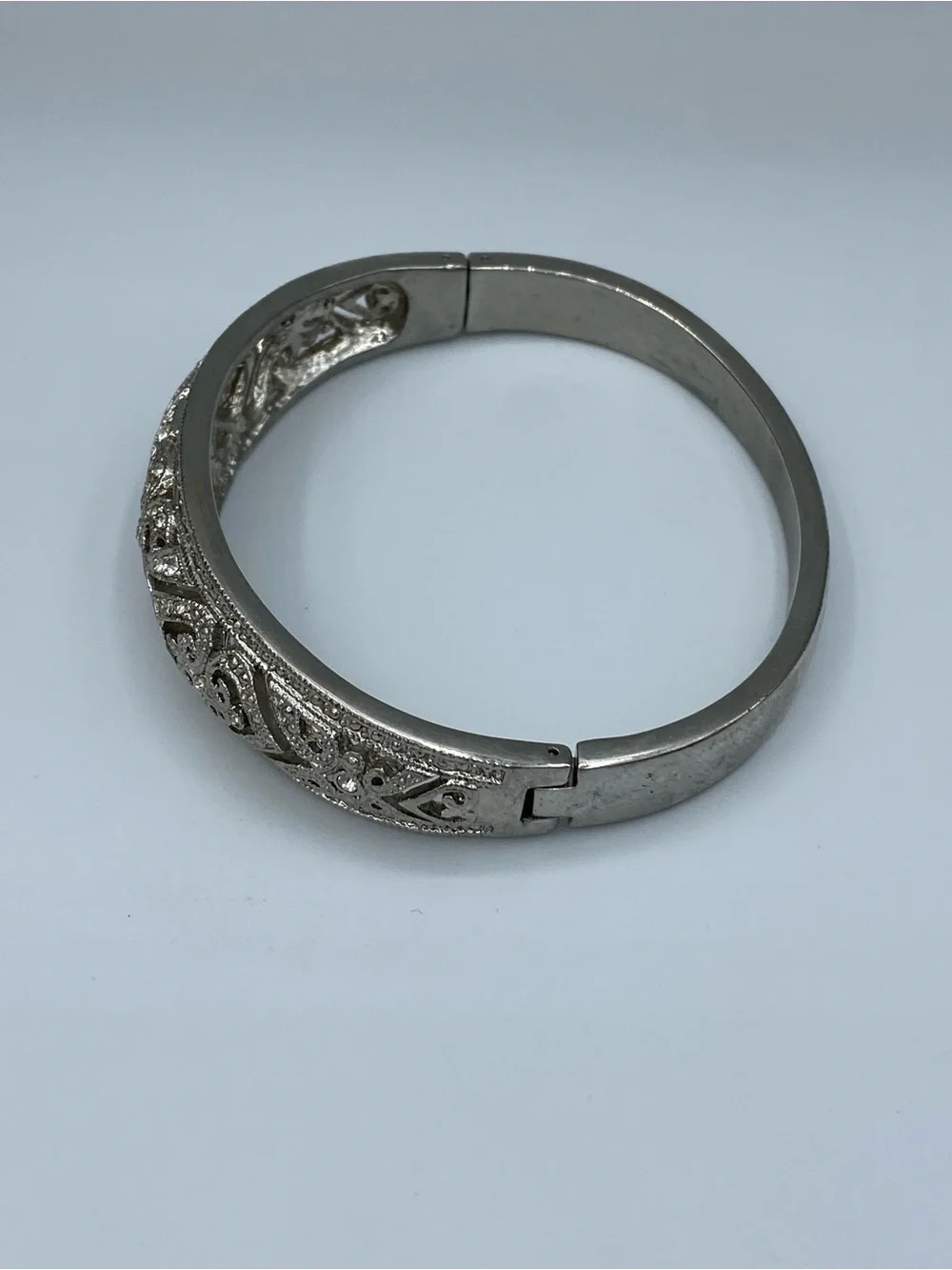 Vintage Ornate Silver Tone Filigree Bracelet With Pave Crystal Accents and Clasp